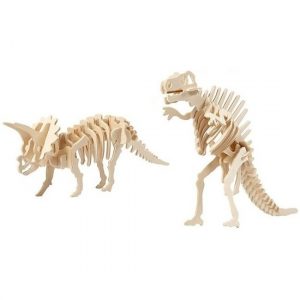 2x Bouwpakketten hout Triceratops en Spinosaurus dinosaurus