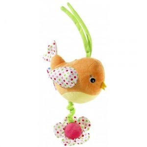 Kraamkdo muziekdoos knuffel oranje gekleurd vogeltje 15 cm