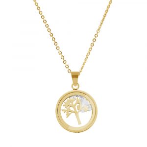 CO88 Collection 8CN-26012 - Stalen collier met hanger - levensboom en zirkonia in glas - hanger 17 mm - collier 38+5 cm - geelgoudkleurig