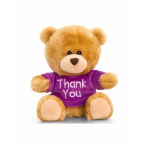 Knuffelbeer bruin met paars shirt zittend 14cm