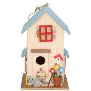 Wit/blauw vogelhuisje voor kleine vogels 26 cm