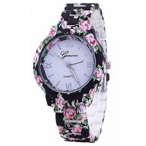 Geneva Platinum horloge Flower Print Black Rose