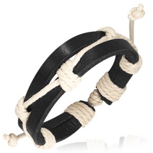 Leren armband zwart met wit touw