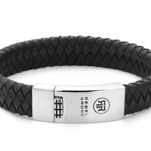 Rebel and Rose RR-L0001-N Armband Braided Flat Black Earth 12 mm leder/zilver zilverkleurig-zwart M 19,5 cm