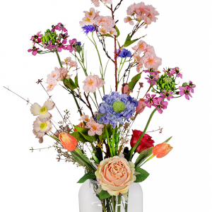 Zijdebloemen pastel bont in melkbus vaas
