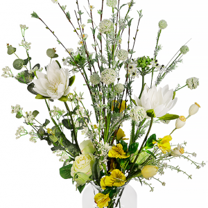 Zijdebloemen plukboeket met glazen vaas