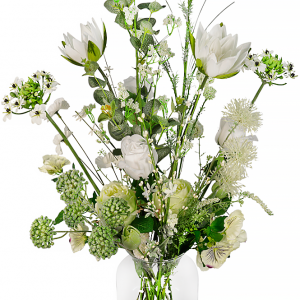 Zijdebloemen wit plukboeket in vaas
