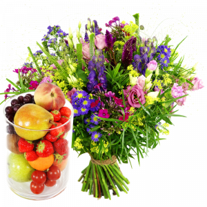 Bloemen bezorgen met glazen vaas en fruit