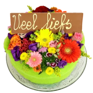 Bloementaart met Veel liefs reep