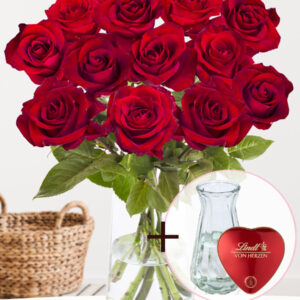 12 rode rozen - EverRed + Lindt hart + glasvaas Evita
