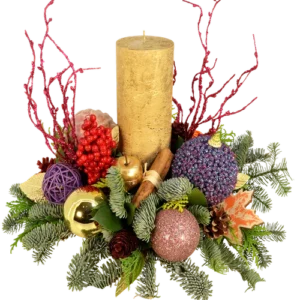 Bont kerststuk ca. Ø 35 cm met dikke gouden kaars