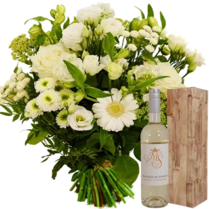 Springerig wit boeket + fles witte wijn