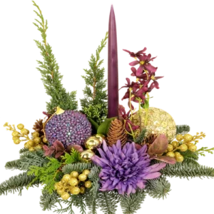 Kerststuk trendy goud - paars