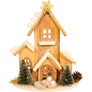 Houten kersthuis + LED H 29cm X B 21cm