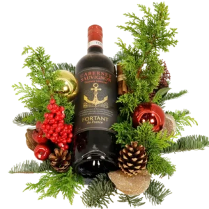 Opgemaakte wijnfles in kerstsfeer