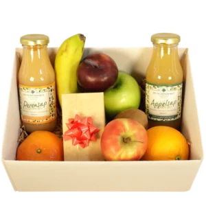 Fruitbox + Sappen + bloemetjes chocolade
