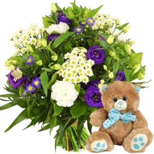 Boeket paars wit + knuffelbeertje