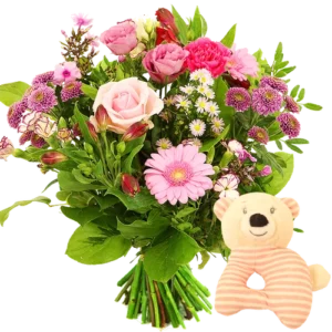 Geboorte boeket meisje + rammelaar