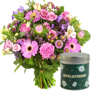 Roze paars boeket + gefeliciteerd blikje