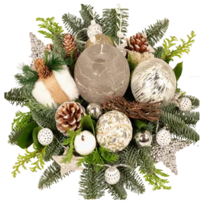 Kerststuk grijze bolkaars met LED bollen erin