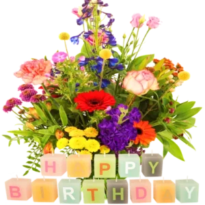 Plukboeket bont + happy birthday kaarsen