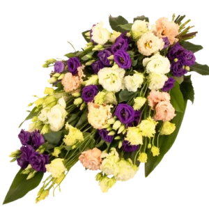 Rouwboeket eustomas roze - paars - wit