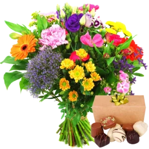 Boeket bonte bloemen + 150 gram bonbons