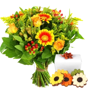 Boeket oranje geel + bloemetjes chocolade
