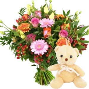 Boeket oranje roze + knuffelbeertje