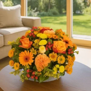 Biedermeier oranje geel bloemstuk vanaf Ø 25 cm