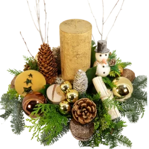 Kerststuk goud met dikke kaars