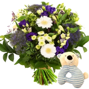 Geboorte boeket jongen + rammelaar