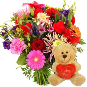 Boeket met hartjes + knuffelbeer I love you