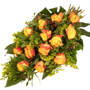 Rouwboeket oranje rozen en bloemen