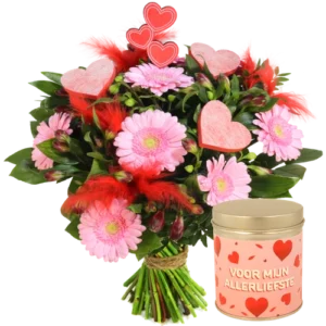 Boeket van de liefde + blikje hartjes snoep