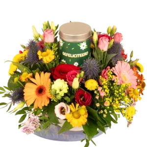 Biedermeier bont + blikje gefeliciteerd snoep