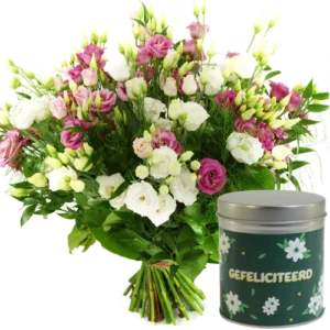 Gefeliciteerd boeket + snoep blikje gefeliciteerd