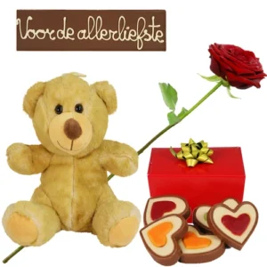 Chocolade knuffel pakket + verse rode roos