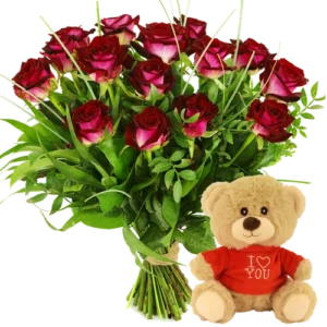 Boeket rode rozen + I love you kuffel