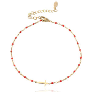 Enkelband Goud & Emaille - Cross Red