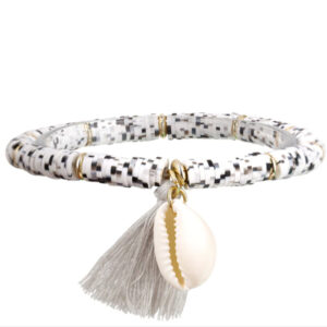 Enkelband Platte Kralen Schelp & Kwastje - Grijs