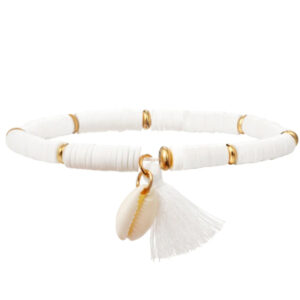 Enkelband Platte Kralen Schelp & Kwastje - Wit