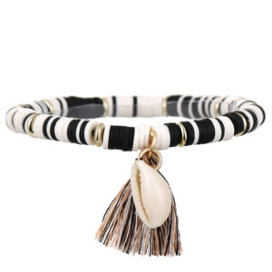 Enkelband Platte Kralen Schelp & Kwastje - Zwart Wit