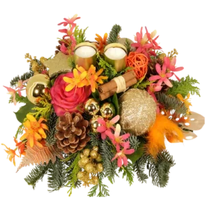 Kerststuk trendy met 2 waxine goud