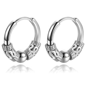 Heren oorringen staal zilverkleurig met details en balletje - 16mm