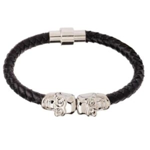 LGT Jewels Leren armband Edelstaal Twin Skull Zwart Zilverkleurig
