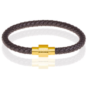 Memphis armband leer met edelstaal Donkerbruin Goud-20cm