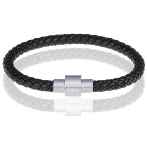Memphis armband leer met edelstaal Zwart Zilver-20cm