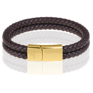 Memphis dubbele leren armband Donkerbruin Goud-18cm