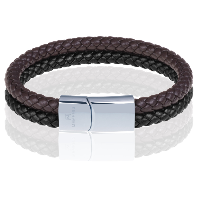Memphis Dubbele leren armband Duo Color Zilver Zwart Bruin-23cm